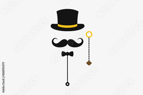 This cheerful vector illustration depicts a distinguished gentleman's iconic accessories, including a classic top hat, sophisticated mustache, and an elegant monocle, ideal for retro design projects