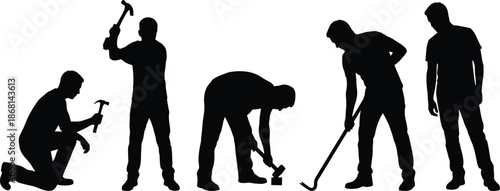 Set of realistic black vector silhouettes of construction workers using hammers and crowbars for demolition and manual repair tasks.