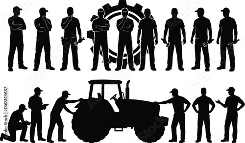 Set of realistic black vector silhouettes of mechanics and farmers working on tractor repair, maintenance and industrial engineering tasks.