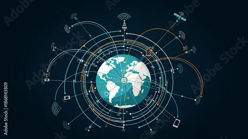 Global network of interconnected devices and satellites orbiting Earth representing digital communication and data transfer concept for techn