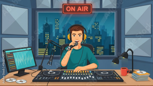 Radio host speaking into microphone in broadcast studio DJ equipment and city skyline at night concept for podcasting and live streaming