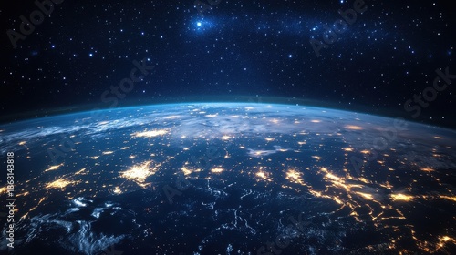 Spectacular view of planet Earth at night from orbit showcasing dense clusters of bright city lights illuminating the dark surface above the curvature of the globe