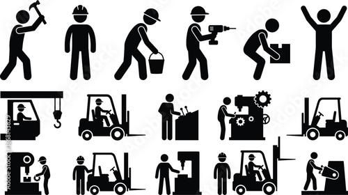 Set of vector black pictograms of industrial worker operating heavy machinery forklift and construction tools isolated on white background