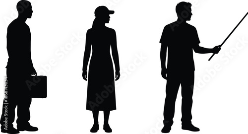 Set of vector black silhouettes featuring businessman with briefcase woman standing and man presenting with pointer stick isolated on white background