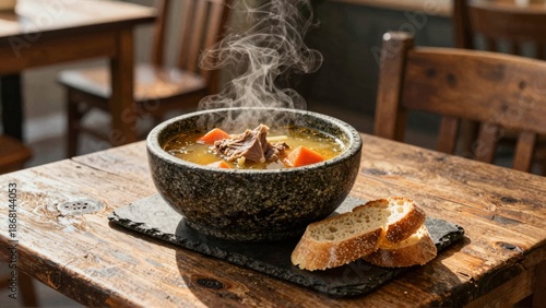 Steaming soup with bread on rustic wooden table