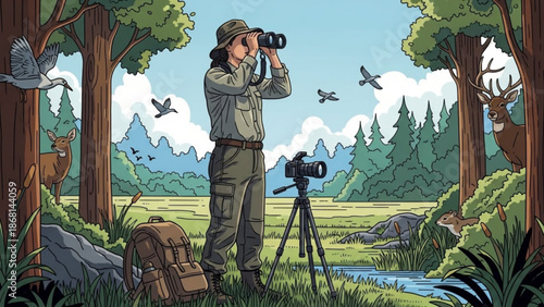 Woman ornithologist observing wildlife with binoculars in a forest surrounded by animals and nature for conservation and research concepts