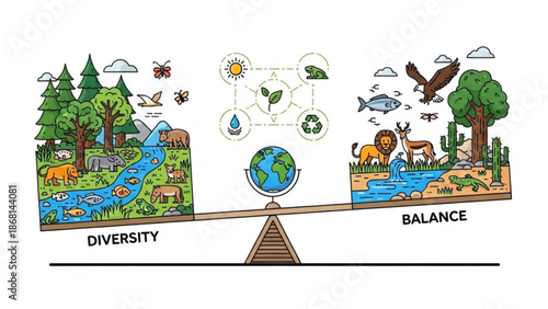 Ecological balance concept diverse ecosystems on a scale representing natures harmony and sustainability for environmental awareness
