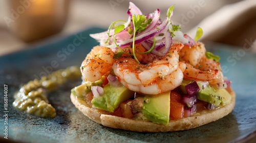 Mexican seafood tostada transformed into elegant plated main, pale stone backdrop