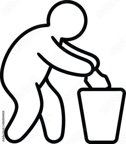 People and rubbish bin icon. Simple outline style. Person holding a sack of trash, cleanup, garbage, ecology, environment concept. Thin line symbol. Vector isolated design. 