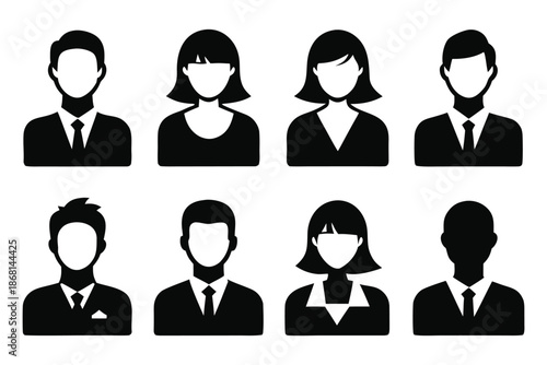 A diverse collection of stylized black silhouette user avatar icons, representing various individuals for business and professional profiles and digital identity applications