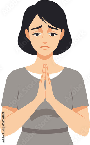 A pleading woman with hands clasped in prayer, her expression conveys sadness and hope