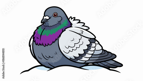A plump, cartoon pigeon with grey, purple, and green feathers sits on a white surface