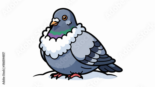 A plump, cartoon pigeon with iridescent neck feathers, a fluffy white collar, and orange feet