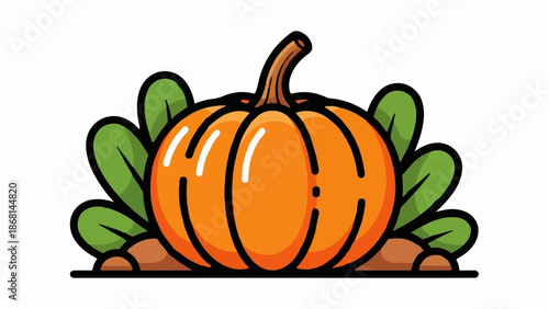 A plump orange pumpkin with green leaves and brown soil, a vibrant autumn harvest
