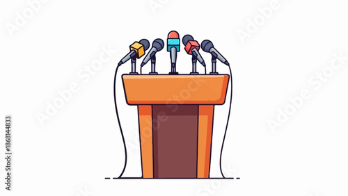 A podium with five microphones stands on a white background, ready for a speech