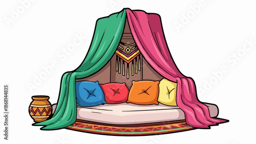 A plush canopy bed with colorful pillows and a patterned rug