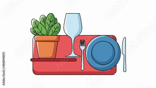 A potted plant sits beside a wine glass, plate, fork, and knife