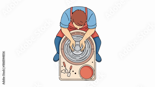 A potter forms clay on a spinning wheel, with tools nearby