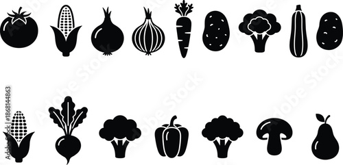 Black vegetable icon collection, solid food silhouettes set, organic healthy produce symbols, minimal flat glyph vector illustration for web, app, infographic design