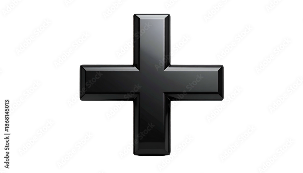 Fototapeta premium A glossy, metallic cross symbol rendered in 3D, set against a stark black background