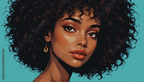 Vector portrait poster illustration afro black woman pose sideways curly hairstyle avatar for social media.