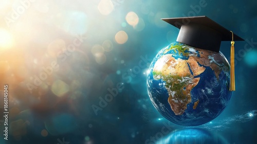 Global education concept featuring a three dimensional rendering of planet Earth wearing an academic mortarboard cap with a bright bokeh background