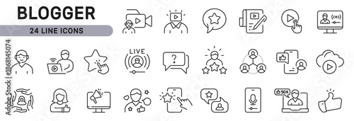 Blogger line icons set with Creator, Vlogging, Live, Streaming, Media, Video, Marketing. Editable stroke outline
