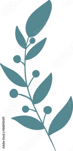 Naive leaf branch vector illustration in retro blue, hand drawn floral element