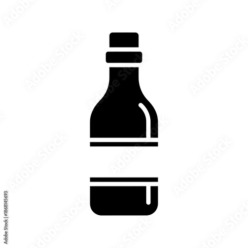 Simple black silhouette of a bottle with a label, isolated on white.