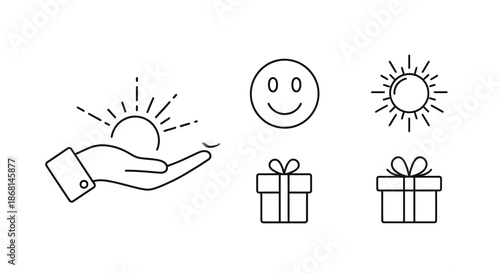 Minimalist Line Art Vector Icon Set with Hand Holding Sun, Happy Face, Sunburst, and Gift Boxes for Positivity and Celebration