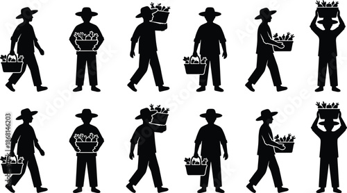 Farmer carrying harvest silhouettes set, agricultural worker activities, organic vegetable baskets, rural farming lifestyle, minimal flat black vector illustration collection