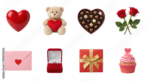 Wallpaper Mural Valentine's Day gift set including heart, teddy bear, chocolate box, roses, envelope, engagement ring, present, and cupcake isolated. Romantic celebration and anniversary collection. Torontodigital.ca