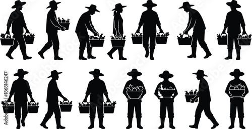 Farmer harvesting vegetables silhouette collection, agricultural workers carrying produce baskets, rural farming activities, organic food production, minimal flat black vector illustration set
