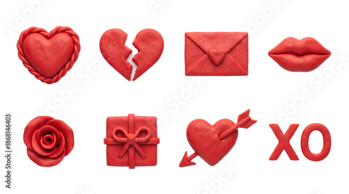 Wallpaper Mural Red clay heart set including broken heart, love letter, rose, lips, and gift isolated. Valentines day and romance collection. Torontodigital.ca