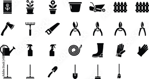 Gardening tools and equipment icon set, black solid garden accessories silhouettes, farming and landscaping essentials, minimal flat vector illustration collection