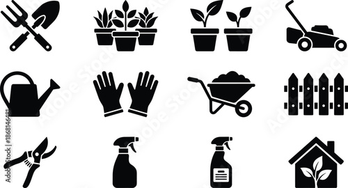 Gardening tools and plant care icon set, garden equipment watering lawn mower wheelbarrow gloves minimal black solid vector illustration collection