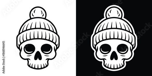 Black and White Vector Illustration of a Skull Wearing a Beanie, Minimalist Line Art Graphic for Stickers
