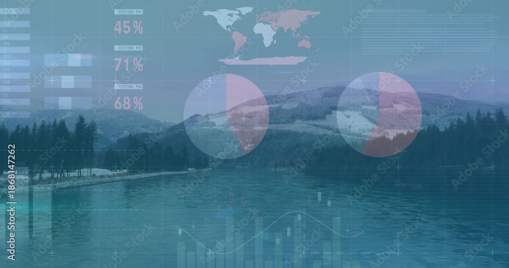 Obraz premium Displaying mountain lake reflecting tree line and snow patches with dock posts, faint data charts