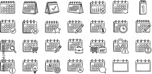 Hand-drawn calendar icons with various symbols for dates and events