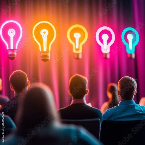 Audience View of Glowing Lightbulb Stage Display, Ideas , Creativity