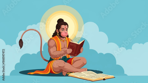 Lord Hanuman Reading a Sacred Text in a Serene, Cloud-Filled Setting