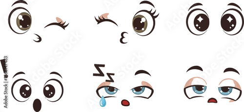 Cartoon Eyes Expressions Set Showing Various Emotions from Happiness to Anger and Sadness in Different Shapes and Styles on White Background