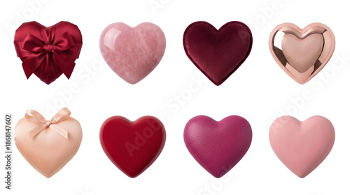 Decorative heart set including satin, marble, velvet, metallic, and leather textures isolated. Valentine holiday and romantic gift collection.