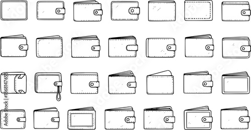 Hand-drawn Outline Wallet Icons Set. Collection of Various Money Purses and Billfolds in Doodle Style, Showing Different Shapes and Closure Types, Isolated on White.