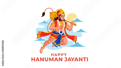 Happy Hanuman Jayanti Vibrant Illustration of Lord Hanuman in Flight Celebrating the Auspicious Day