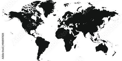 A simplified map of the world. Stylized generalized gray card on a white background. In flat style. Website template, design, cover. Australia, Asia, America, Europe, Africa. Vector