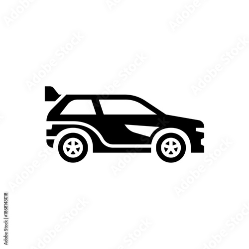 Rally car glyph icon. sport car black solid illustration.