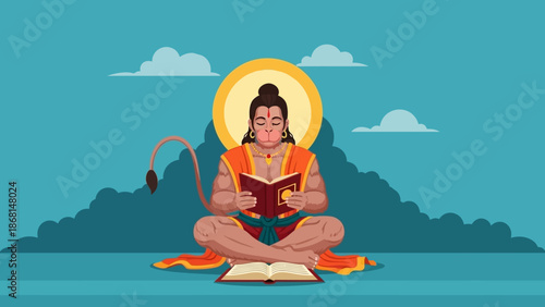 Lord Hanuman Reading a Sacred Book, Depicted in an Illustrated, Peaceful Scene with Mountain