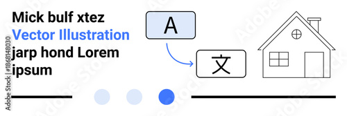 Letters in speech bubble, language script, simple house, circular indicator, horizontal lines. Ideal for communication, translation, localization, education technology design simple landing page