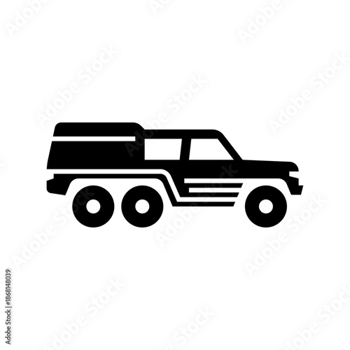 Offroad truck glyph icon. 6 wheeler truck black solid illustration.